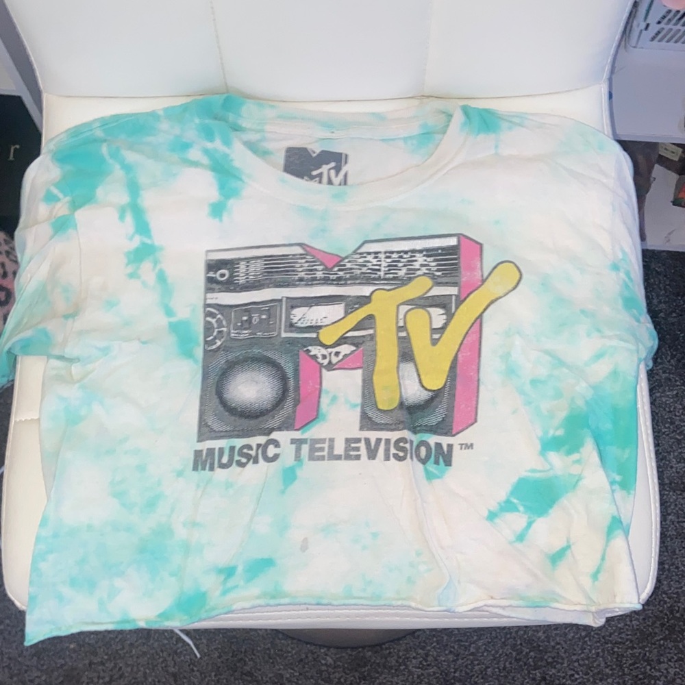 MTV Teal and White Cotton Cropped Tee